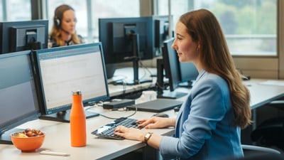 Frau am Arbeitsplatz mit Trinkflasche