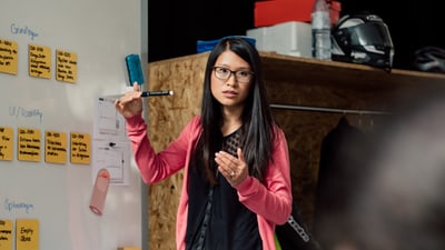 Mitarbeiterin präsentiert an Whiteboard