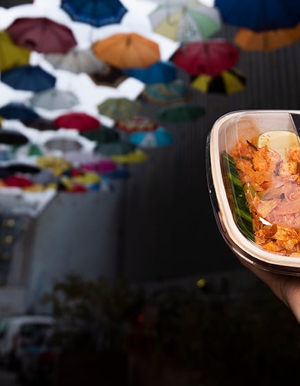 Hand hält Take-Away-Thai-Food